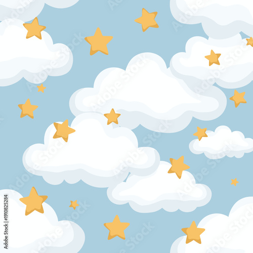 A whimsical illustration of fluffy white clouds scattered across a soft blue sky, with bright yellow stars twinkling amongst them.