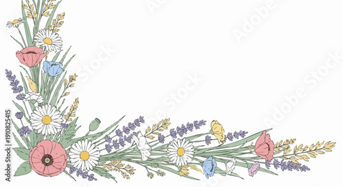 Beautiful floral corner arrangement with various wildflowers and greenery.