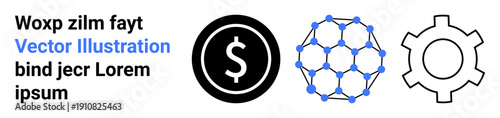 Dollar sign emphasizes finance, molecular structure represents research or technology, and gear suggests mechanisms or systems. Ideal for innovation, connectivity, finance, science, automation