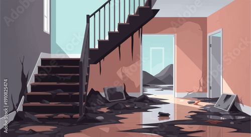 Interior scene shows damage from fire and water with debris and melted objects