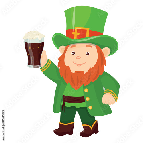 Leprechaun with Beer Illustration, Festive St. Patrick’s. Cheers Leprechaun Vector. St. Patrick Character, Beer Pint Celebration