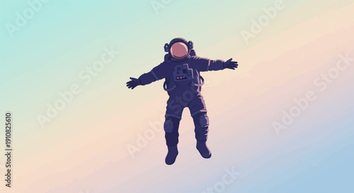 Lone astronaut in dark suit with arms outstretched against a pastel sky