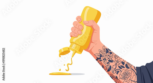 Hand with floral tattoo squeezing yellow mustard from a bottle onto white surface
