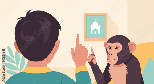 Man and monkey point at picture of mosque on wall