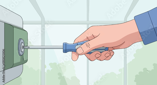 Hand using screwdriver to adjust a grey and green device