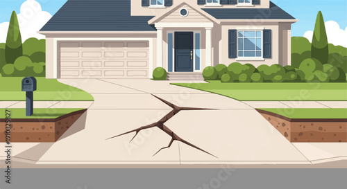 House driveway cracked from earthquake, depicting damage to suburban home