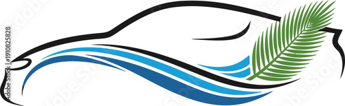 Minimalist car logo design with blue ocean wave and green palm leaf on white background. Vector