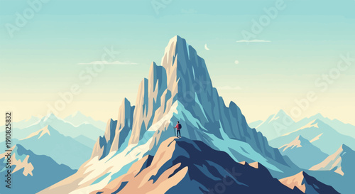 Lone hiker stands atop a snow-capped mountain peak, facing a vast, layered range