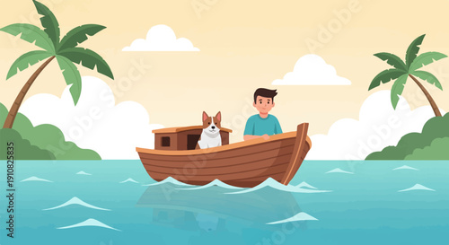 Man and dog on a boat near tropical islands