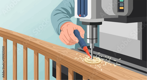 Hand using drill press to make circular cut into wooden railing, dust flying