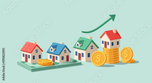 Houses on stacks of cash and coins with an upward trend arrow