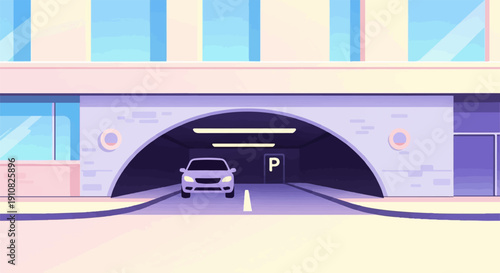Modern arched entrance to an underground parking garage with a single car