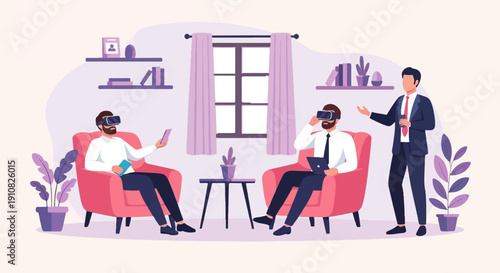 Men in VR headsets in a living room with a presenter