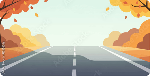 Open road through autumnal foliage under a pale sky