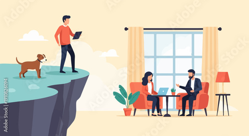 Man & dog on cliff edge; woman & man at table with laptop