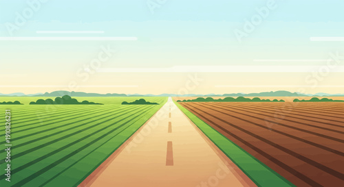 Open road through cultivated fields under a hazy sky