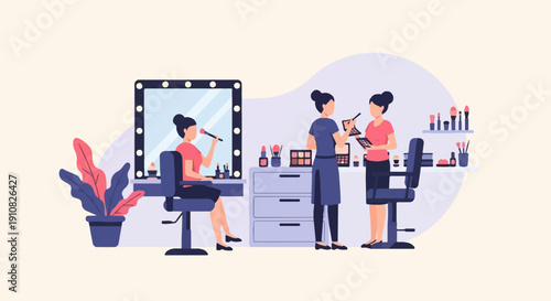 Makeup artists apply cosmetics to clients in a brightly lit beauty studio