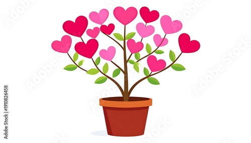 Heart tree illustration hearts bloom from a potted plant with green leaves, on a white background