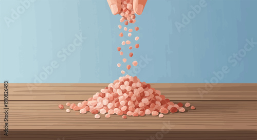 Hand sprinkling pink salt crystals onto a wooden table against a blue wall