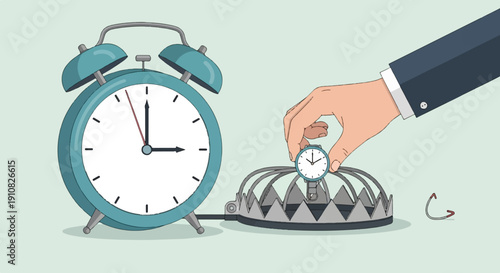 Hand setting small clock on trap next to large alarm clock, conceptual art
