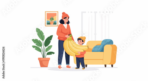 Mother and child with a bunch of bananas in a living room