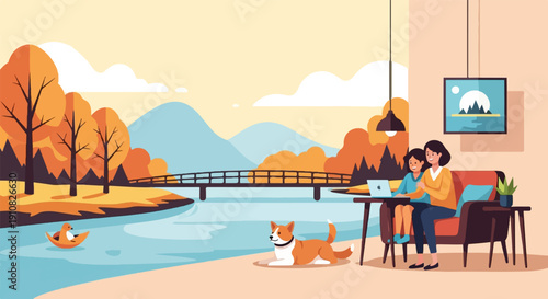 Mother and child with laptop near a river, with dog and duck in autumn scene