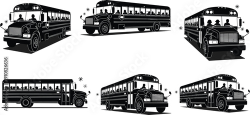 Classic American school bus silhouettes collection with students transport vehicle vector illustration isolated on white background