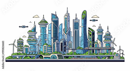 futuristic city skyline with modern skyscrapers and green energy sources.