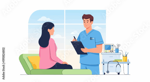 Medical professional consulting with patient on couch
