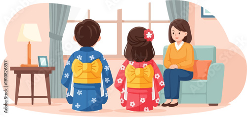 Mother and children in traditional Japanese yukata kimonos at home