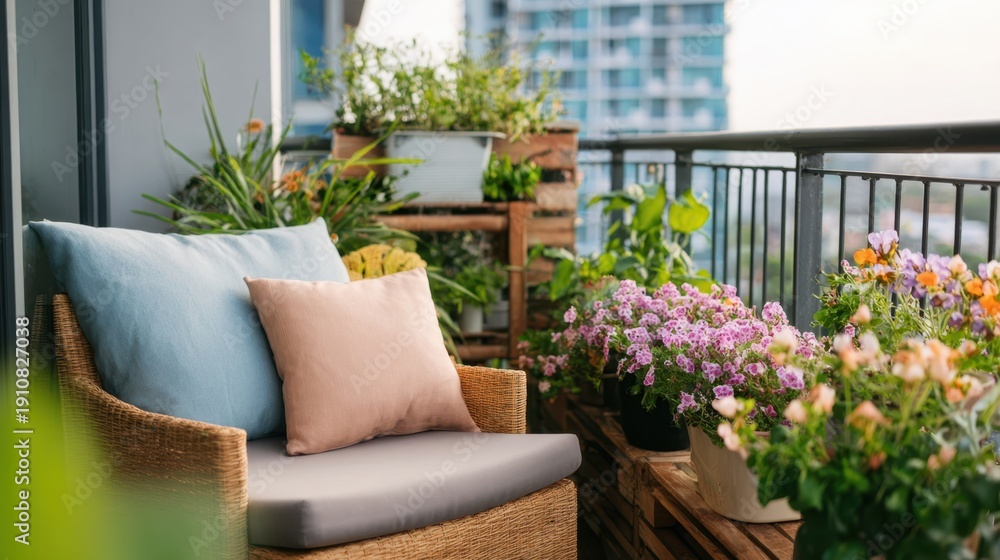 Fototapeta premium Urban balcony garden with blooming flowers and cozy seating, featuring pastel cushions and wooden planters in a modern city setting