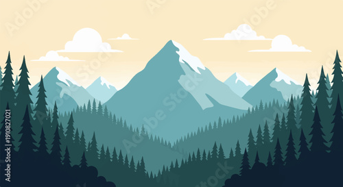 Majestic snow-capped mountains rise above a dark pine forest