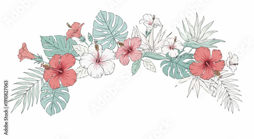 Beautiful tropical floral arrangement with hibiscus flowers and green leaves.