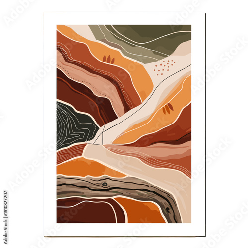 Abstract earthy landscape art with flowing organic shapes and warm terracotta tones.