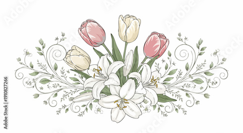 Hand drawn floral arrangement with tulips and lilies.