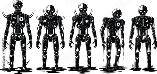 Dark robotic skeleton warriors with spiked armor horror cyborg silhouettes vector illustration futuristic dystopian character collection