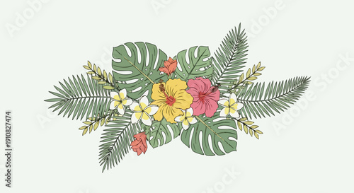 Colorful tropical flower arrangement with hibiscus and plumeria flowers and lush tropical leaves.