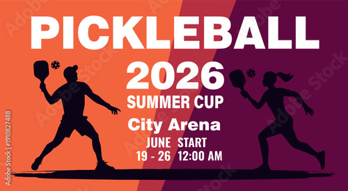 Vibrant vector banner for the Summer Pickleball Tennis Championship. Dynamic silhouettes of men and women playing pickleball. Modern commercial design. For sporting events, promotions, social media
