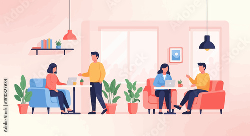 Modern co-working space with people collaborating and working on laptops