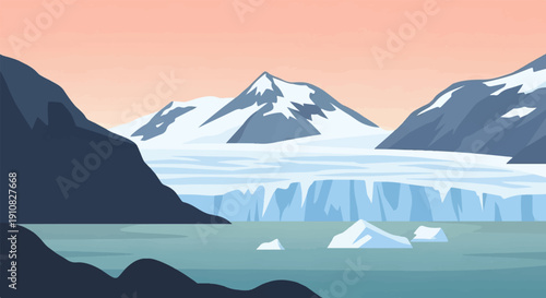 Iceberg-dotted ocean with icy mountains under a soft orange sky