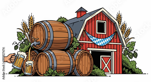 Wooden beer barrels, red barn, and german flag banner, oktoberfest theme.