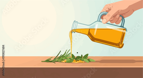 Hand pouring golden liquid from bottle onto fresh herbs and peppercorns