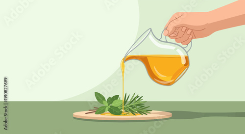 Hand pouring golden liquid onto fresh herbs on a wooden board