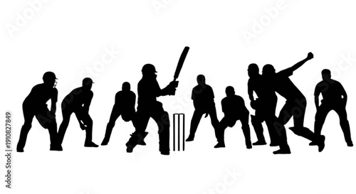 Silhouette illustration of a cricket match in progress with fielders and a batsman isolated on transparent background, Vector