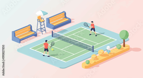 Isometric tennis match with players, net, umpire chair, benches, trees, and balls