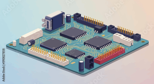 Isometric view of a circuit board with multiple processors and connectors