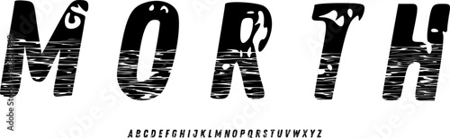 Morth Textural Display Font - Bold Industrial Alphabet Typeface with Unique Horizontal Line Distortion for Retro Branding, Cyberpunk Logos, Urban Posters, and Modern Glitch Typography Vector 