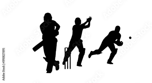 Silhouettes depicting different positions and actions of cricket players during a game isolated on transparent background, Vector