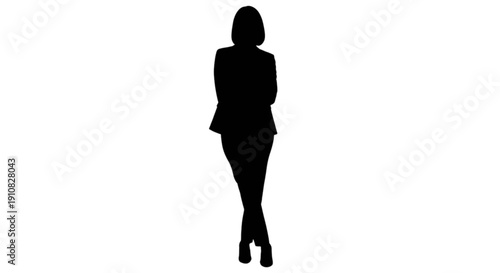 A black silhouette of a professional woman standing confidently with crossed arms and legs. isolated on transparent background, Vector