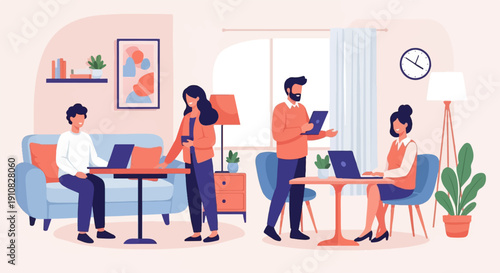 Modern co-working space with people working on laptops and tablets